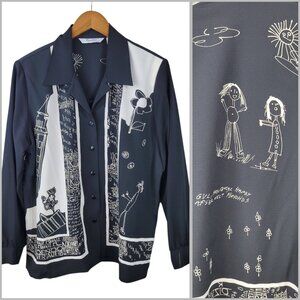 NEW VTG Tan Jay Button Up Top Light Jacket Size 14 Petite Art Kids Drawing Black